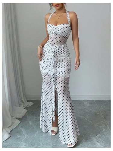 Women's Vintage Polka Dots Halter Ruched Bodycon Ruffle Slit Bodycon Party Maxi Dress
