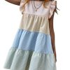Women's Summer Ruffle Cap Sleeve Color Block Tiered Flowy Babydoll Mini Dress Sundress