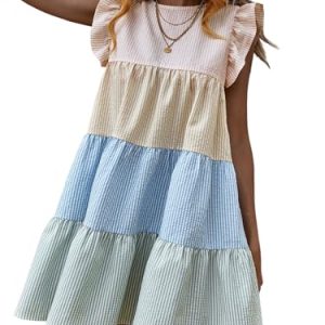 Women's Summer Ruffle Cap Sleeve Color Block Tiered Flowy Babydoll Mini Dress Sundress