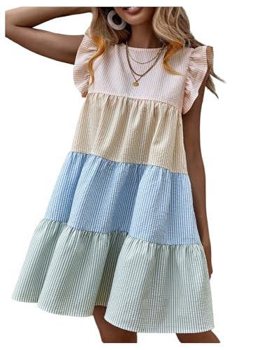Women's Summer Ruffle Cap Sleeve Color Block Tiered Flowy Babydoll Mini Dress Sundress