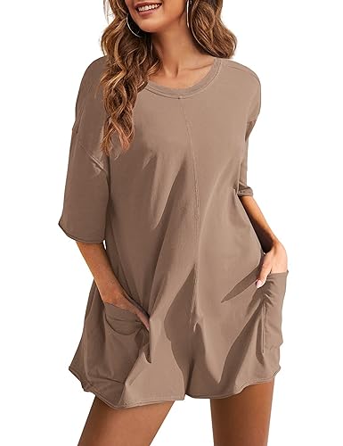 Rompers for Women Casual Short Sleeve Oversized Athletic Workout Reversible Hot Shot Tee Romper Deep Pockets