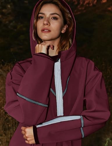 Womens Windbreaker Jacket Outdoors Hiking Reflective Striping Hooded Half Zip Pullover Contrast Pocketed Outerwear