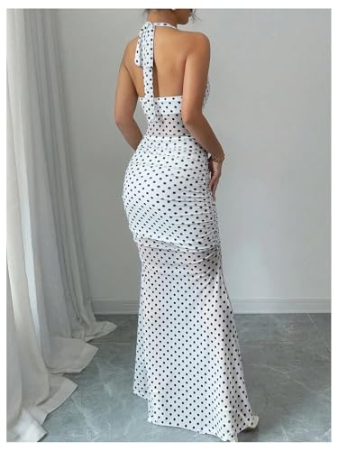 Women's Vintage Polka Dots Halter Ruched Bodycon Ruffle Slit Bodycon Party Maxi Dress