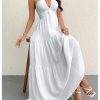 Women's Deep V Neck Tie Knot Backless Halter Dress A Line Flowy Ruffle Maxi Dress