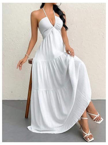 Women's Deep V Neck Tie Knot Backless Halter Dress A Line Flowy Ruffle Maxi Dress