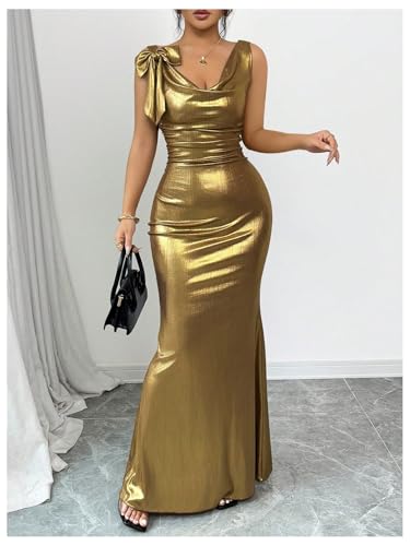 Women's Sexy Open Back Shiny Metallic Maxi Dress Cowl Neck Bow Bodycon Cocktail Party Dress