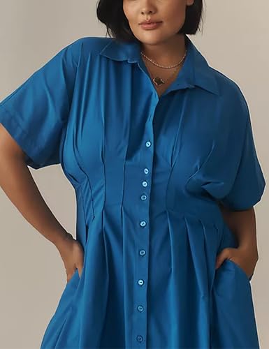 Shirt Dress for Women Summer Casual Short Sleeve Button Down Loose Pleated Maxi Sundress with Pockets