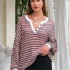 Women's Oversized Striped Sweaters Long Sleeve Shirt Loose V Neck Button Henley Tops Fall Pullover Knit Jumper 2025