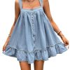 Women's Ruffle Hem Denim Mini Dress Sleeveless Button Up Flowy Jean Tank Dresses
