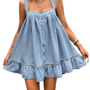 Women's Ruffle Hem Denim Mini Dress Sleeveless Button Up Flowy Jean Tank Dresses