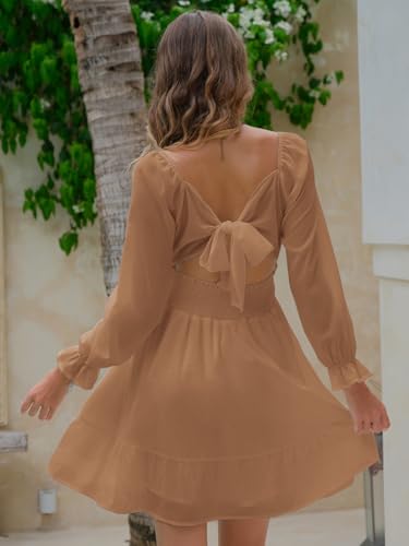 Women's 2025 Casual Long Lantern Sleeve Dresses Square Neck Ruffle Tie Back Elastic Waist Aline Short Mini Dress