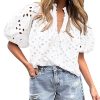 Women's Summer Tops 2025 Dressy Casual Short Sleeve V Neck Buttons Hollow Out Lace Embroidered Blouses Shirts
