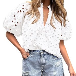 Women's Summer Tops 2025 Dressy Casual Short Sleeve V Neck Buttons Hollow Out Lace Embroidered Blouses Shirts