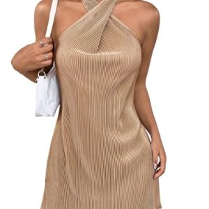 Women's Criss Cross Halter Backless Sexy Mini Dress Textured Plisse Party Dress