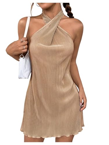 Women's Criss Cross Halter Backless Sexy Mini Dress Textured Plisse Party Dress
