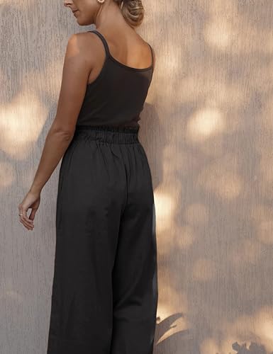 Women Linen Cotton Wide Leg Pants Drawstring Elastic High Waist Casual Palazzo Trousers with Deep Pockets