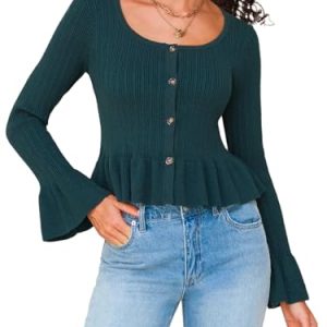Women Cropped Cardigan Sweaters Fall Flare Sleeve Button Cardigans Ruffled Hem Cute Sweater Casual Soft Stretchy Tops