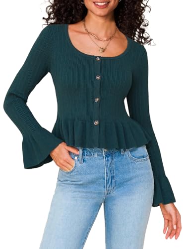 Women Cropped Cardigan Sweaters Fall Flare Sleeve Button Cardigans Ruffled Hem Cute Sweater Casual Soft Stretchy Tops