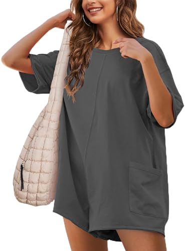Rompers for Women Casual Short Sleeve Oversized Athletic Workout Reversible Hot Shot Tee Romper Deep Pockets