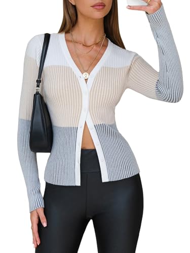Womens Fall Lightweight Cropped Cardigans Long Sleeve Button Up V Neck Sweater Ribbed Knit Open Front Tops 2025 Trendy