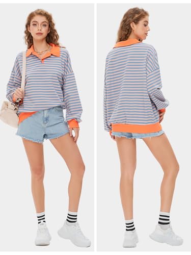 Womens Oversized Sweatshirt for Women 2024 Fall Button Striped Long Sleeve Shirts Hoodies Preppy Top Y2K Outfits