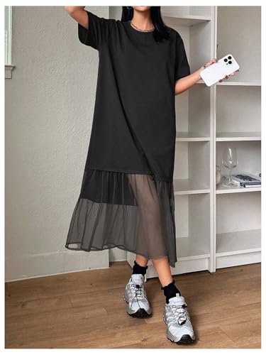 Women's Short Sleeve Crewneck Oversized Tshirt Dress Mesh Ruffle Hem Long Dress