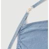 SHENHE Women's Denim Halter Neck Backless Ruched Fitted Y2k Asymmetrical Jean Tops
