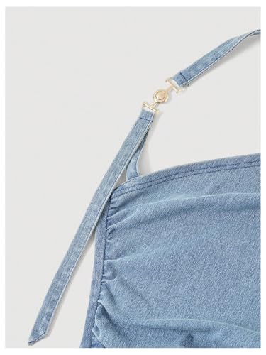 SHENHE Women's Denim Halter Neck Backless Ruched Fitted Y2k Asymmetrical Jean Tops