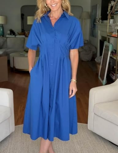Shirt Dress for Women Summer Casual Short Sleeve Button Down Loose Pleated Maxi Sundress with Pockets