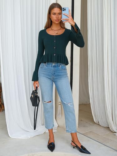 Women Cropped Cardigan Sweaters Fall Flare Sleeve Button Cardigans Ruffled Hem Cute Sweater Casual Soft Stretchy Tops