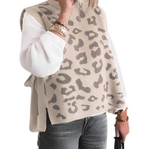 Women Leopard Print Sweater Vest Side Tie Knit Tank Tops Sleeveless Crew Neck Casual Fall Outfits