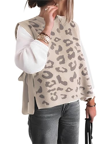 Women Leopard Print Sweater Vest Side Tie Knit Tank Tops Sleeveless Crew Neck Casual Fall Outfits