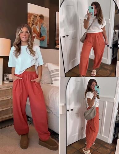 Womens Baggy Wide Leg Pants Casual Elastic Waisted Palazzo Harem Pants with Pockets