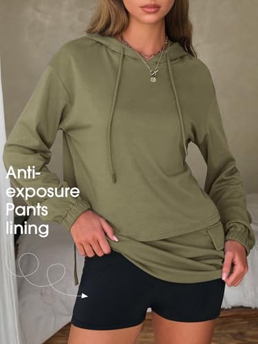 Women 2 Piece Sets Cotton Sweatsuits Fall Hooded Sweatshirt Cargo Skort Skirt Stretchy Tracksuit Casual Tennis Pockets