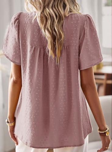 Womens Summer Tops Crewneck Short Sleeve Shirts Casual Chiffon Blouses Flowy Lace Hem Boho Clothing Trendy 2025
