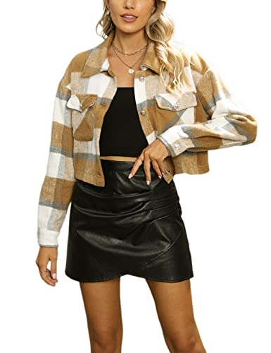 Women's Fashion Cropped Flannel Shirt Plaid Shacket Long Sleeve Button Down Jackets Coat