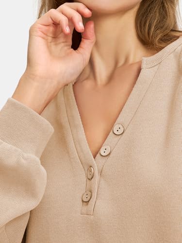 Women's Oversized V Neck Henley Shirt Patchwork 2024 Color Block Sweatshirt Long Sleeve Button Pullover Tunic Tops