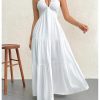Women's Deep V Neck Tie Knot Backless Halter Dress A Line Flowy Ruffle Maxi Dress