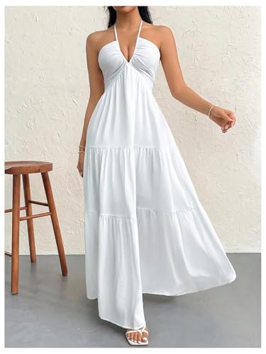 Women's Deep V Neck Tie Knot Backless Halter Dress A Line Flowy Ruffle Maxi Dress