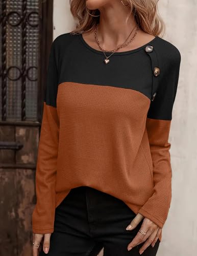 Women Waffle Knit Shirts Long Sleeve Colorblock Tee Button Detail Tunics