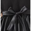 Girl's Ribbed Long Sleeve PU Leather Patchwork Belted A Line Flowy Skater Dress