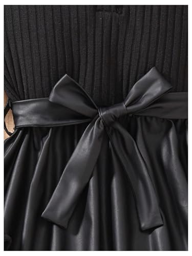 Girl's Ribbed Long Sleeve PU Leather Patchwork Belted A Line Flowy Skater Dress