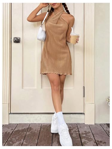 Women's Criss Cross Halter Backless Sexy Mini Dress Textured Plisse Party Dress