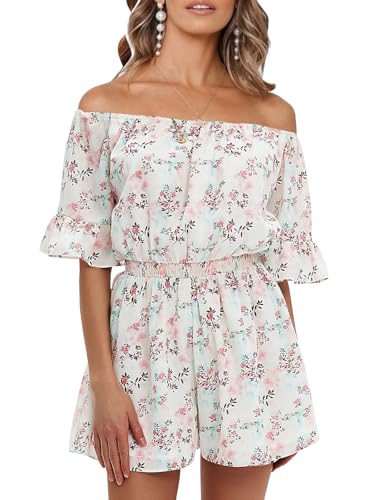 Women's Summer Floral Romper Dress Off Shoulder Ruffle Elastic Wasit Wide Leg Shorts Jumpsuit Vacation Beach 2025