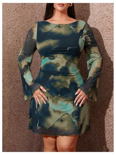 Women's Plus Size Sexy Backless Tie Dye Mesh Dress Bell Sleeve Flared Y2k Mini Dress