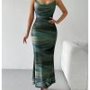 Women's Tie Dye Mesh Maxi Dress Cowl Neck Backless Sexy Bodycon Party Long Dress
