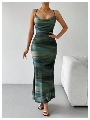 Women's Tie Dye Mesh Maxi Dress Cowl Neck Backless Sexy Bodycon Party Long Dress