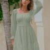 Women's 2025 Casual Long Lantern Sleeve Dresses Square Neck Ruffle Tie Back Elastic Waist Aline Short Mini Dress