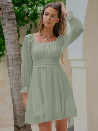 Women's 2025 Casual Long Lantern Sleeve Dresses Square Neck Ruffle Tie Back Elastic Waist Aline Short Mini Dress