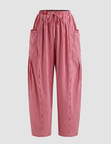 Women Wide Leg Pants Casual Striped Cotton Mid Rise Drawstring Palazzo Trousers with Pockets